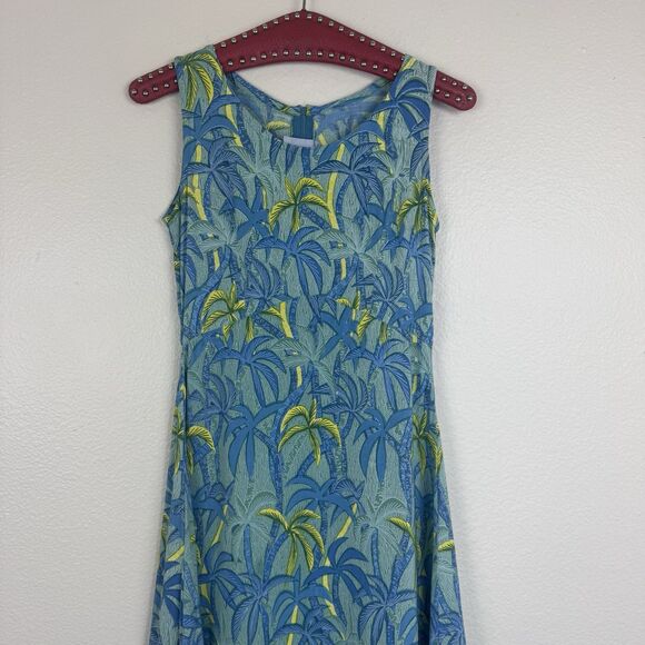 Rainbow Jo Tropical Palm Tree Print Sleeveless A-Line Midi Dress Green Blue XS - Picture 2 of 15